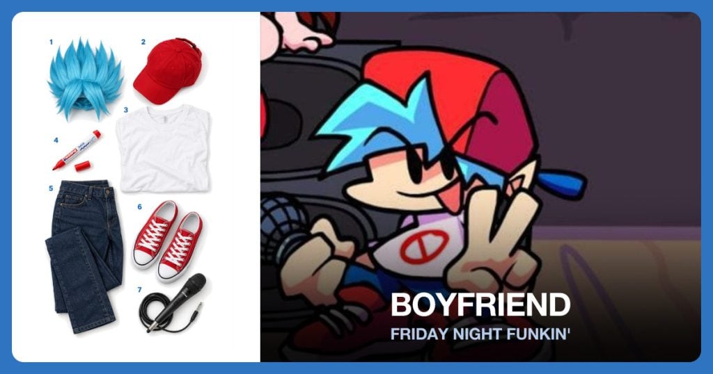 Spiky Blue Wig, Backward Red Cap, White Crew-Neck T-Shirt and Red Fabric Marker beside Boyfriend
