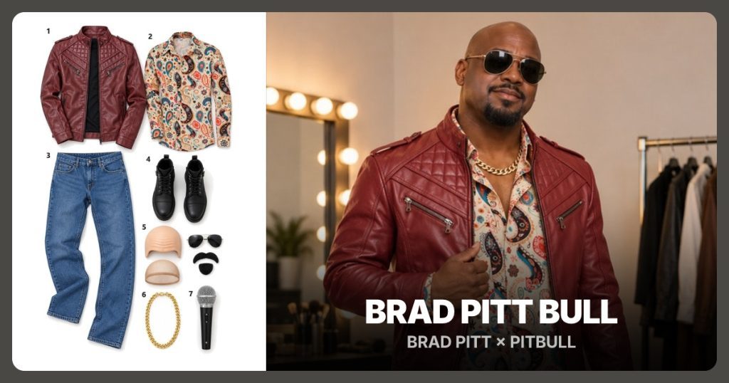Red faux-leather moto jacket, 70s paisley shirt, Blue straight-leg jeans 34x32 and Black moto boots size 11 beside Brad Pitt Bull