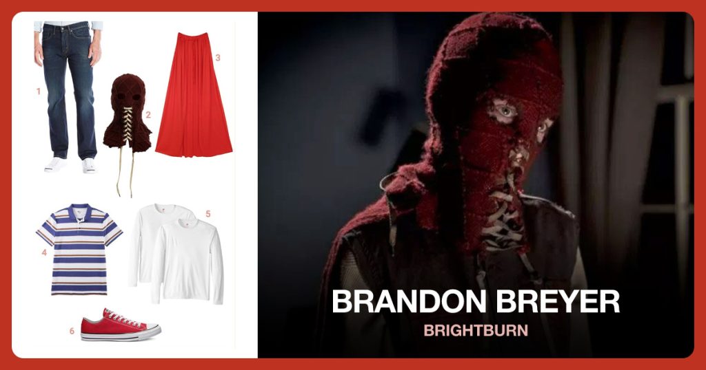 Regular Fit Jeans, BrightBurn Red Mask, Adult Red Cape and Striped Polo Shirt beside Brandon Breyer