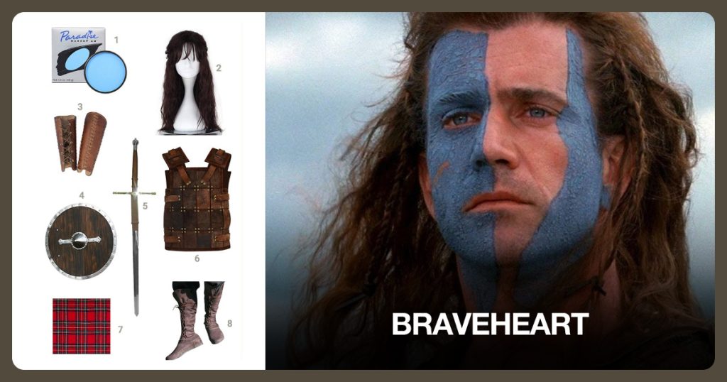 Blue Face Paint, Long Brown Curly Hair, Brown Forearm Leather Armour and Viking Shield beside Braveheart