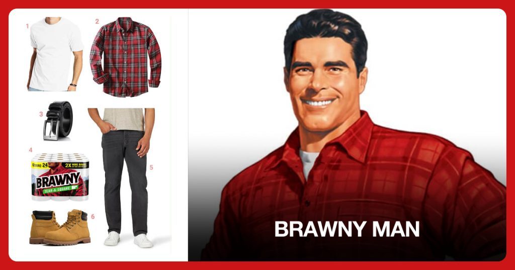 Men’s White T-Shirt, Men’s Flannel Shirt, Men’s Athletic Fit Jeans and Brawny Paper Towels beside Brawny Man