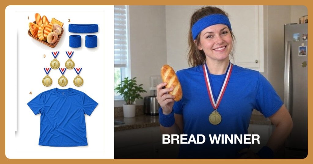 Artificial Bread Set, Athletic Sweatband Set, Gold Medal Set and Blue Athletic Shirt beside Bread Winner