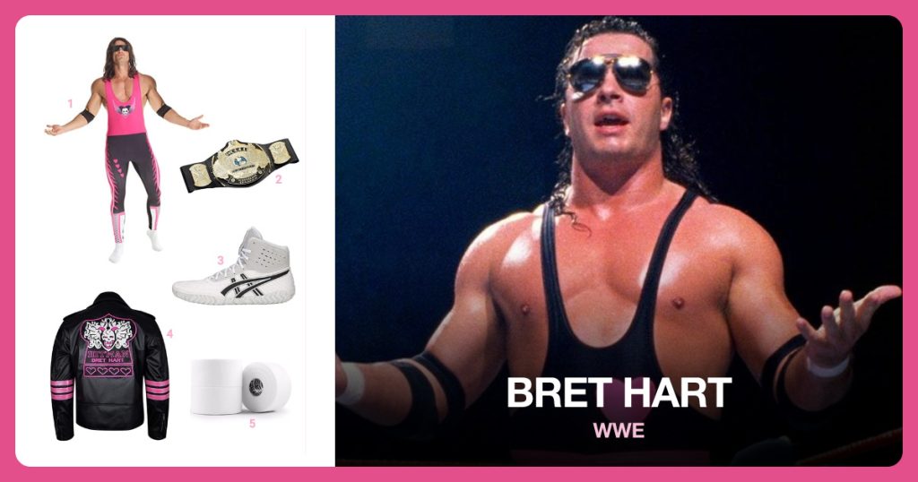 Bret Hart Costume, Championship Belt, White Wrestling Shoes and Bret Hart Leather Jacket beside Bret Hart