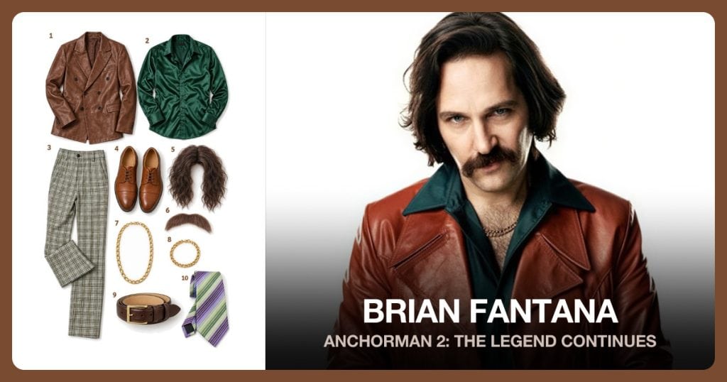 Brown Leather Blazer, Dark Green Shirt, Plaid Dress Pants and Brown Oxford Shoes beside Brian Fantana
