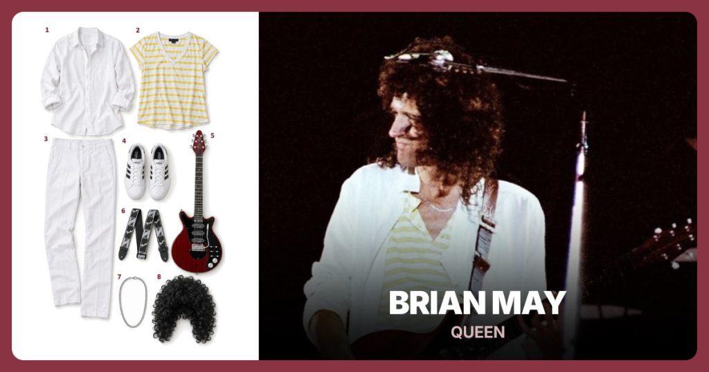 Open White Button-Down Shirt, Yellow-Striped V-Neck Tee and White Straight-Leg Trousers beside Brian May