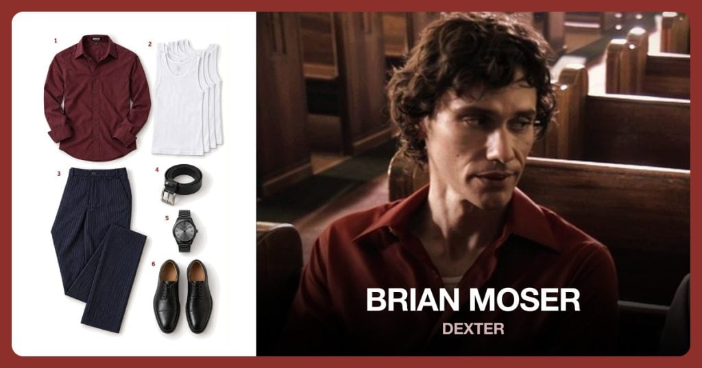Burgundy Button Up Shirt, White Ribbed Tank Top, Navy Pinstripe Trousers and Black Leather Belt beside Brian Moser