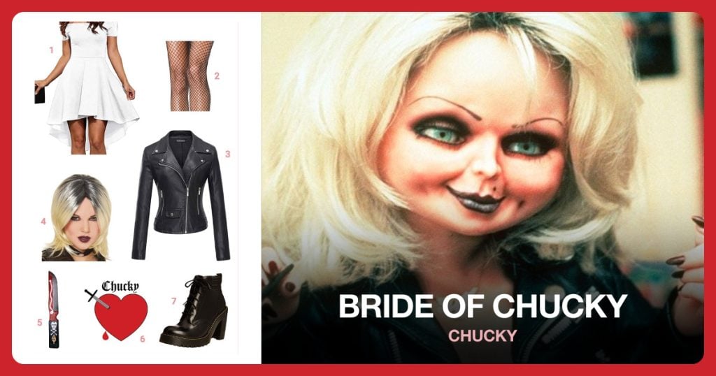 Cocktail Dress, Fishnet Leggings, Leather Jacket and Bride of Chucky Wig beside Bride of Chucky