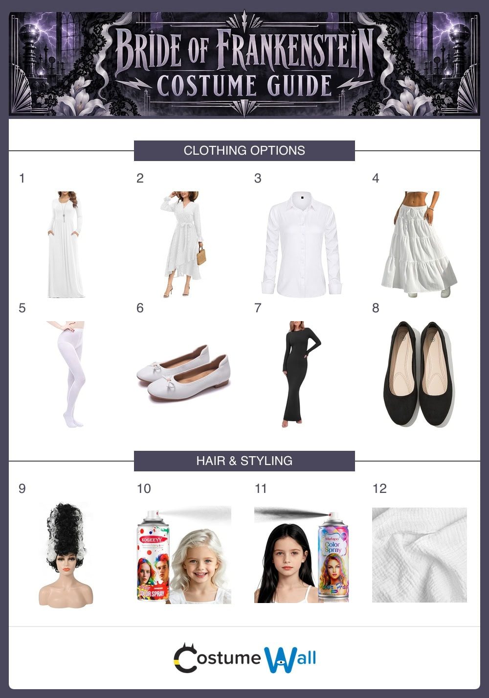 Bride of Frankenstein costume guide with 12 numbered clothing, accessory and styling options