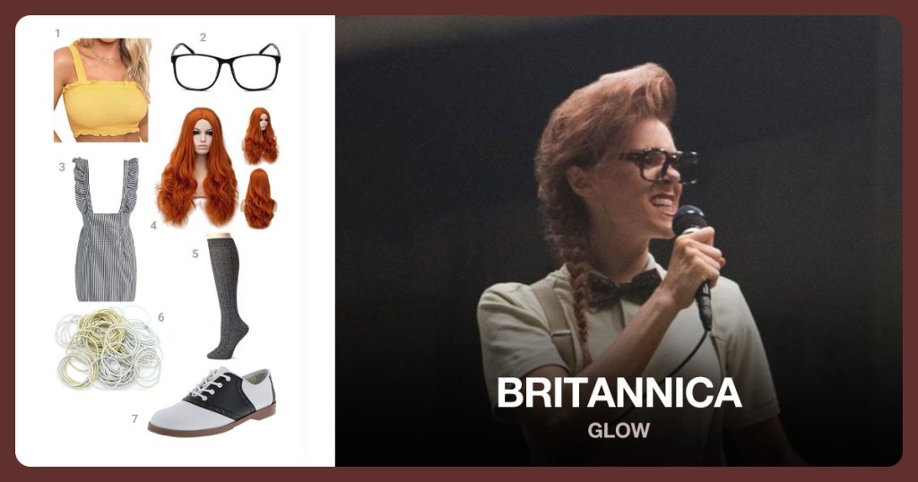 Women’s Tank Top, Eyeglasses Vintage Style, Plaid Romper Skirt and Costume Hair Wigs beside Britannica