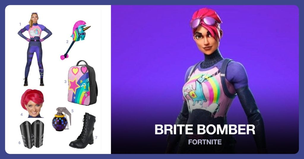 Brite Bomber Costume, Rainbow Smash Pickaxe, Brite Bomber Bag and Brite Bomber Wig beside Brite Bomber