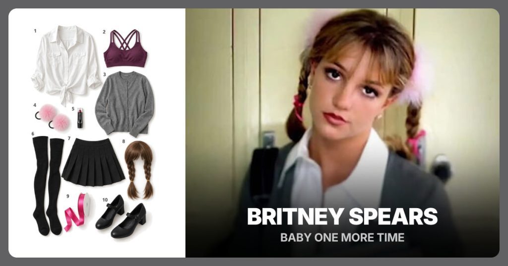 White Button Down Shirt, Violet Sports Bra, Gray Knit Cardigan and Pink Pom-Pom Hair Ties beside Britney Spears (”Baby One More Time”)