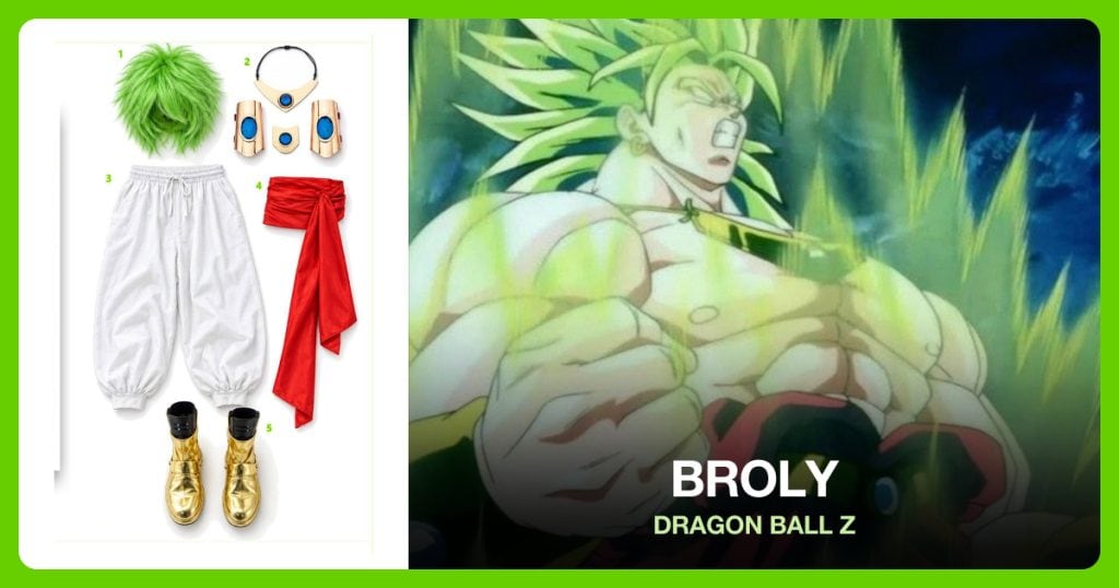 Lime Green Spiky Wig, Gold Jewelry Set, White Baggy Pants and Red Waist Sash beside Broly