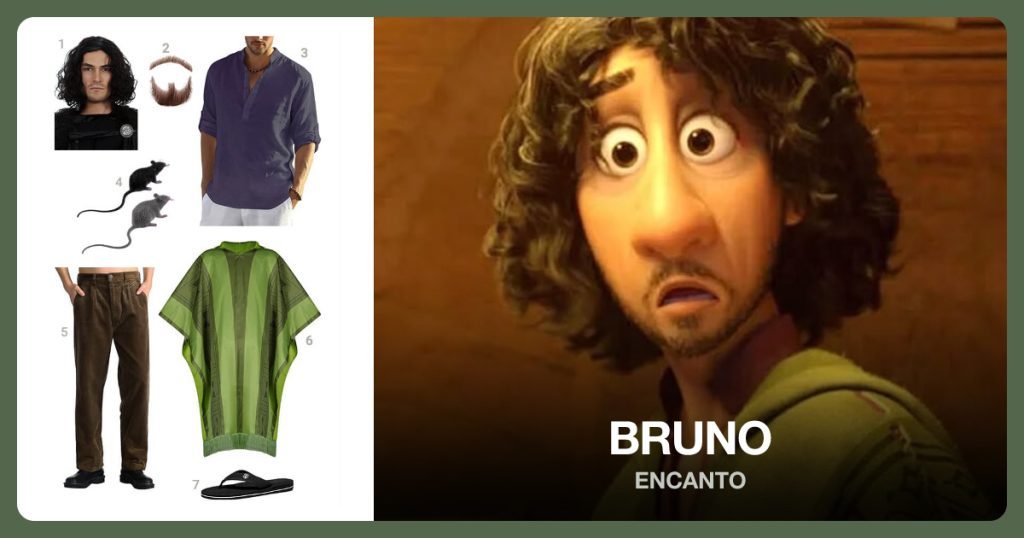 Short Black Curly Wig, Fake Beard and Mustache, Purple Men’s Cotton Linen Shirt and Fake Rat beside Bruno