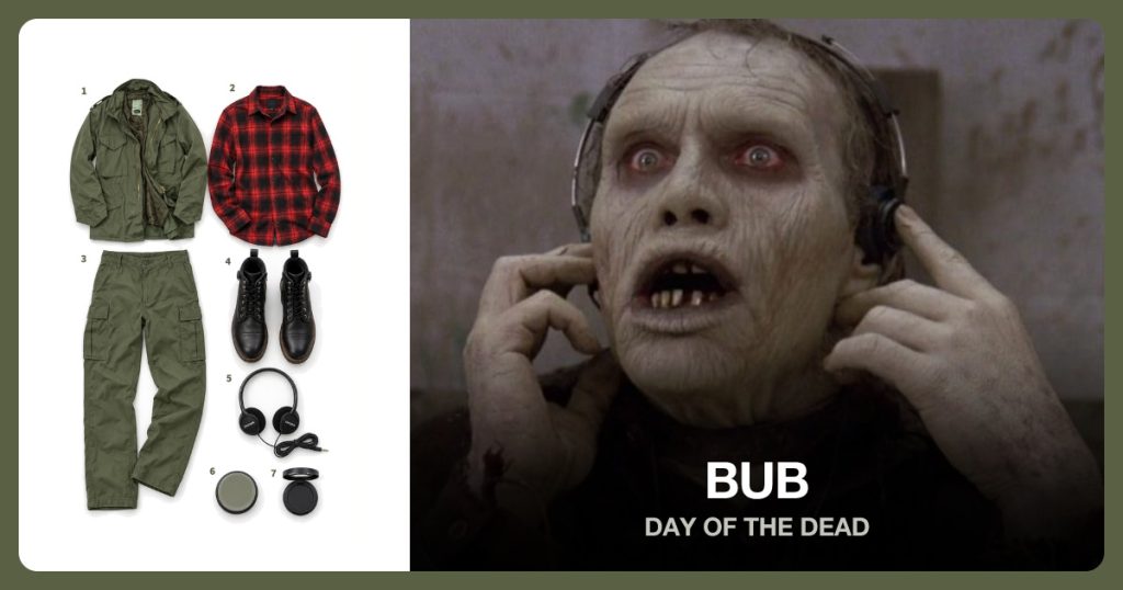 Olive Field Jacket, Red Plaid Flannel Shirt, Olive Cargo Pants and Black Combat Boots beside Bub