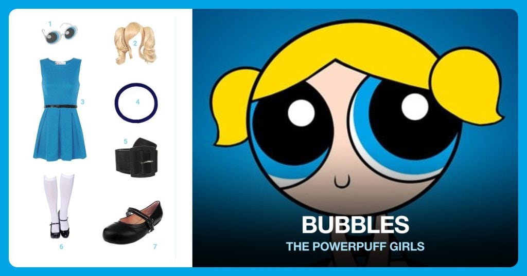 Cosplay Wigs with two Ponytails, Sleeveless Belted Pleated Ponte Skater Dress and Elastic Ponytail Holders beside Bubbles