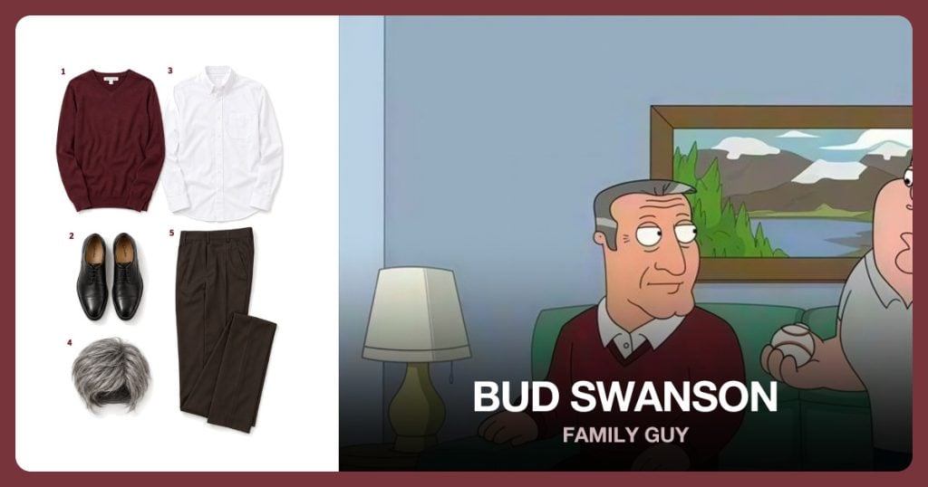 Burgundy V Neck Sweater, Black Oxford Shoes, White Oxford Shirt and Short Gray Wig beside Bud Swanson