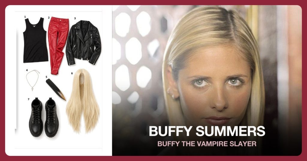 Black Tank Top, Red Faux Leather Leggings, Black Faux Leather Jacket and Cross Necklace beside Buffy Summers
