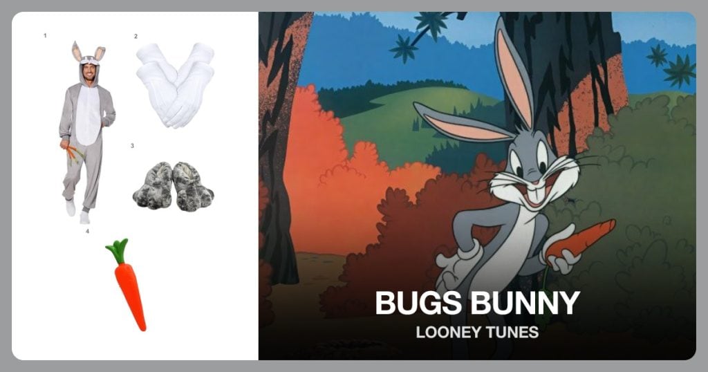 Bugs Bunny Union Suit, White Costume Gloves, Gray Bunny Slippers and Carrot Costume Prop beside Bugs Bunny
