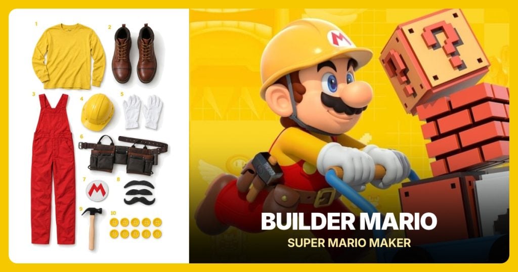 Yellow Long-Sleeve Shirt, Brown Boots, Red Overalls and Yellow Hard Hat beside Builder Mario