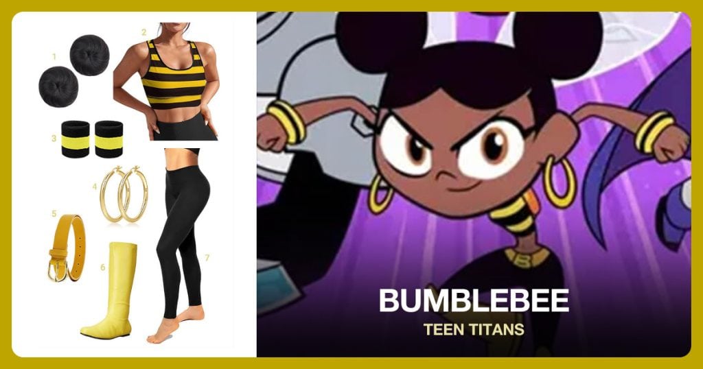Hair Bun Extensions, Yellow Black Striped Crop Top, Yellow Black Wristband Set and Thick Gold Hoop Earrings beside Bumblebee