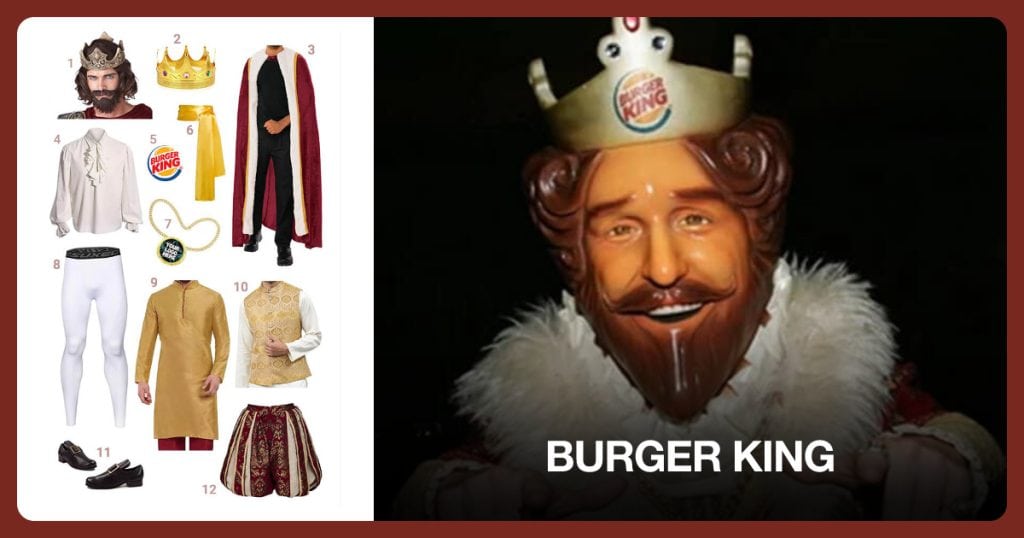 Medieval King Wig, Gold Royal Plastic Crown, Velvet King’s Cape and Pirate Ruffle Shirt beside Burger King