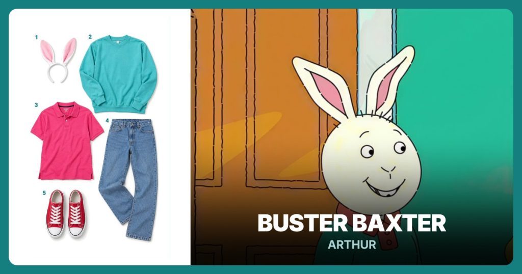 White Rabbit Ears, Turquoise Sweatshirt, Pink Polo Shirt and Blue Straight-Leg Jeans beside Buster Baxter from Arthur