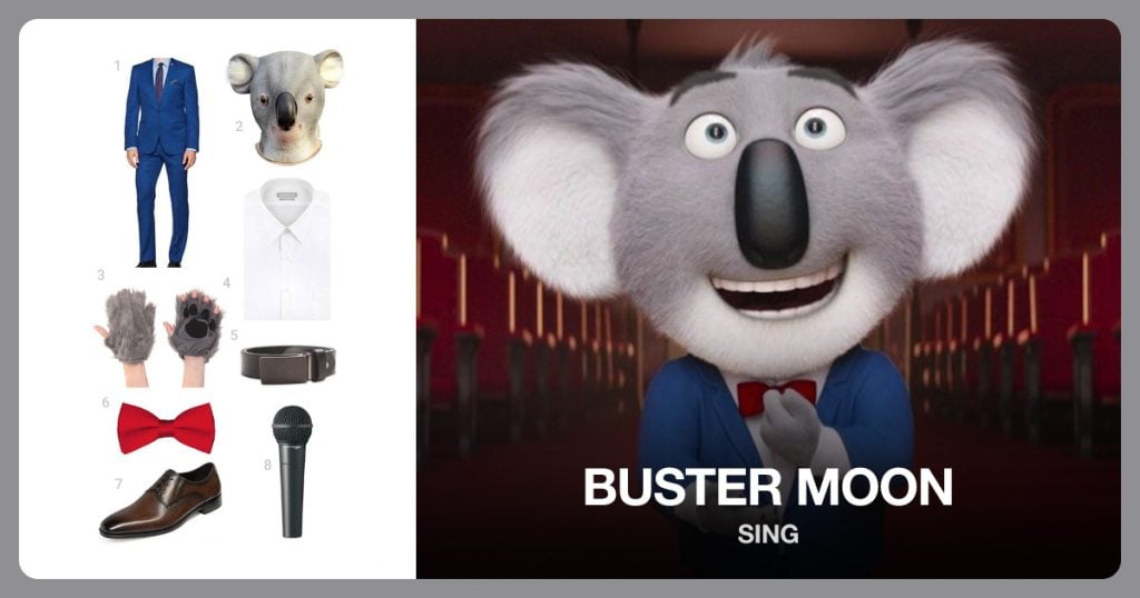 Blue Suit, Koala Mask, Gray Paw Gloves and White Dress Shirt beside Buster Moon