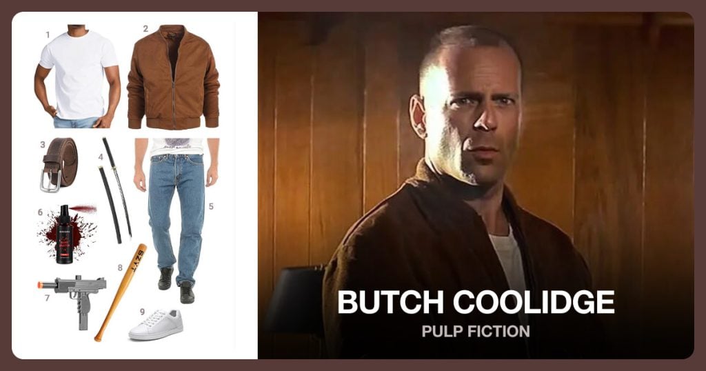 White T-Shirt, Brown Suede Jacket, Brown Leather Belt and Plastic Katana beside Butch Coolidge