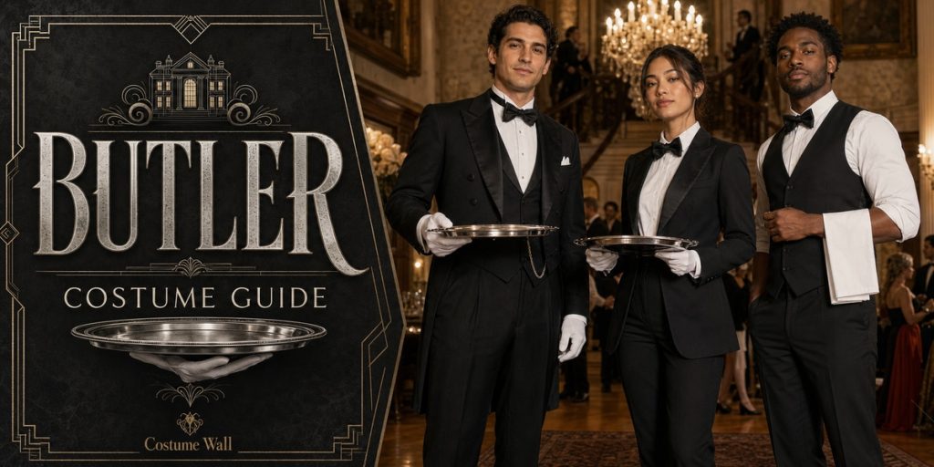 Black Tailcoat, Black Waistcoat, White Tuxedo Shirt and Black Trousers beside Butler
