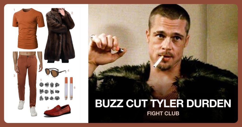 Orange T-Shirt, Men’s Brown Faux Fur Coat, Orange Casual Dress Pants and Steampunk Sunglasses beside Buzz Cut Tyler Durden