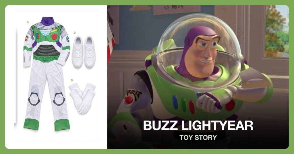 Adult White Sneakers and Adult White Costume Gloves beside Buzz Lightyear
