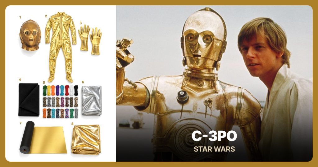 C-3PO Mask, Gold Bodysuit, Gold Gloves and Black Felt beside C-3PO