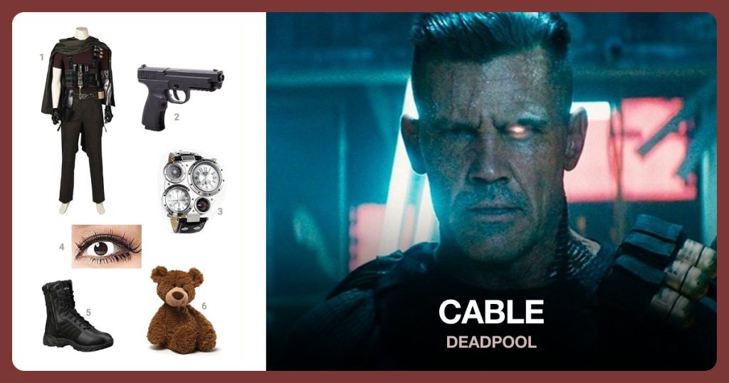 Cable Costume, Pistol, Travel Watch and White Contact Lenses beside Cable