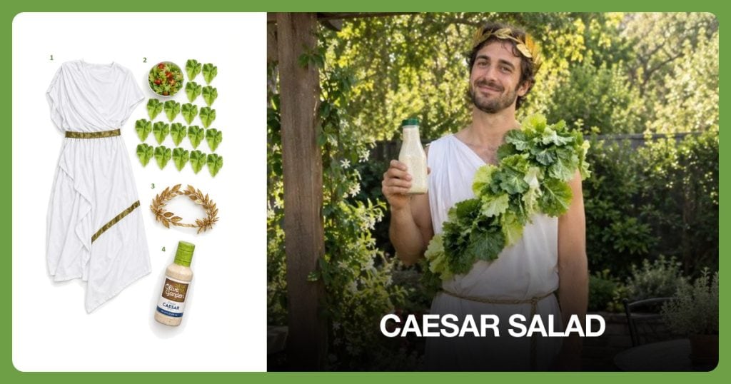 White Toga Robe, Artificial Lettuce Leaves, Gold Laurel Crown and Caesar Dressing Bottle beside Caesar Salad