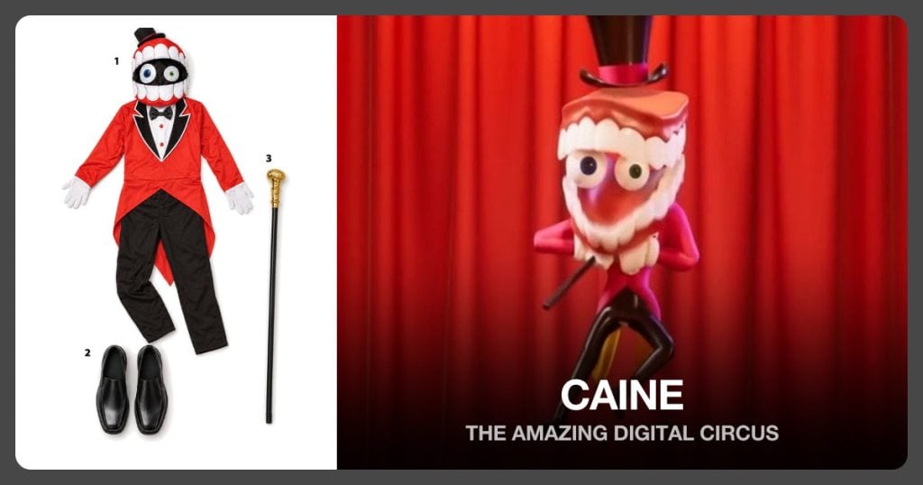 Licensed Caine Costume, Black Formal Loafers and Black Cane with Gold Top beside Caine