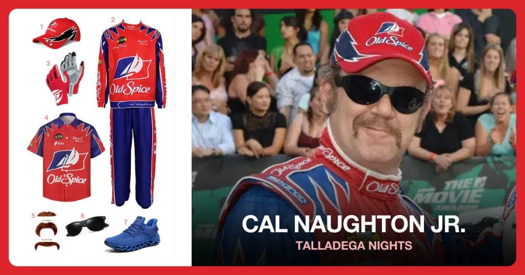 Red Racing Cap, Talladega Nights Jumpsuit Set, Racing Gloves and Talladega Nights Shirt beside Cal Naughton Jr.
