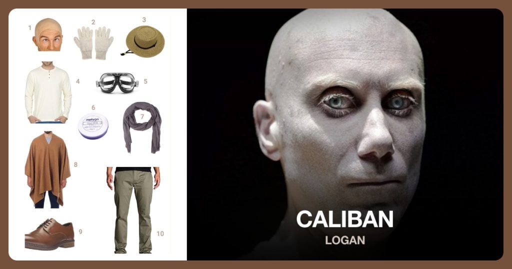 Bald Head, Wool Knit Gloves, Straw Sun Hat and Long Sleeve Off White T-shirt beside Caliban