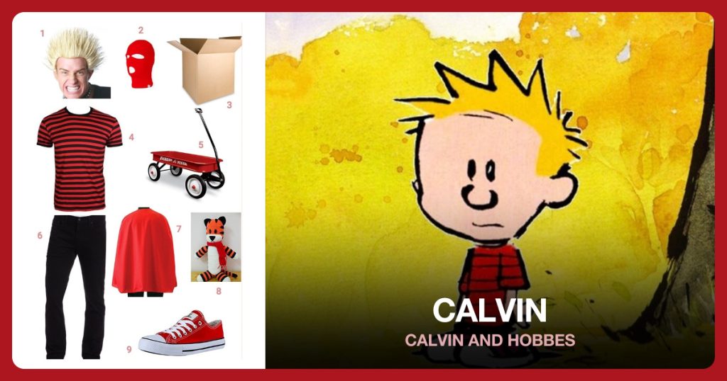 Blonde Spikey Wig, Red Ski Mask, Large Cardboard Box and Red Shirt with Black Stripes beside Calvin