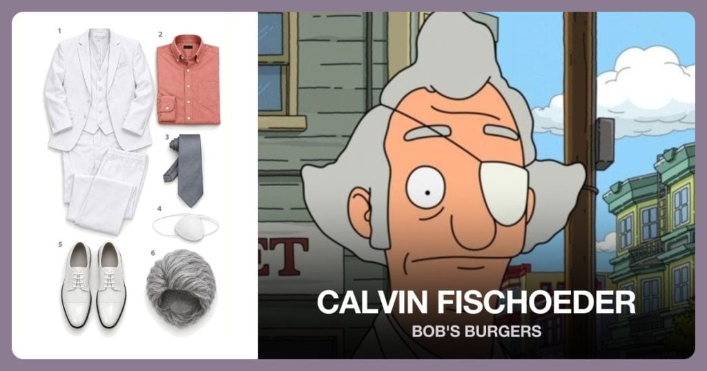 White Three-Piece Suit, Salmon Dress Shirt, Gray Neck Tie and White Eye Patch beside Calvin Fischoeder
