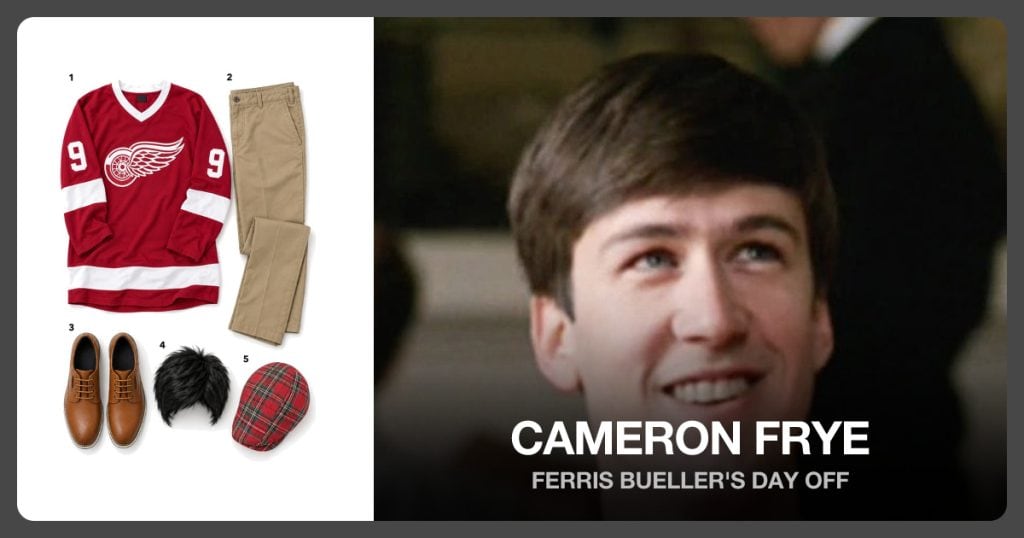 Red Gordie Howe Jersey, Khaki Pants, Brown Shoes and Black Short Layered Wig beside Cameron Frye