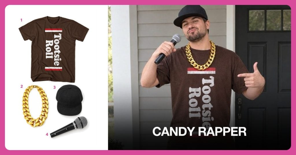 Candy Wrapper T-Shirt, Oversized Gold Chain, Black Flat-Brim Cap and Toy Microphone Prop beside Candy Rapper