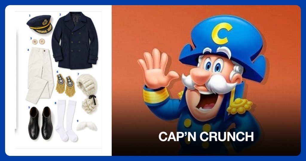 Blue Captain Hat, Men’s Classic Double Breasted Pea Coat and Men’s Slim Straight Pant beside Cap’n Crunch