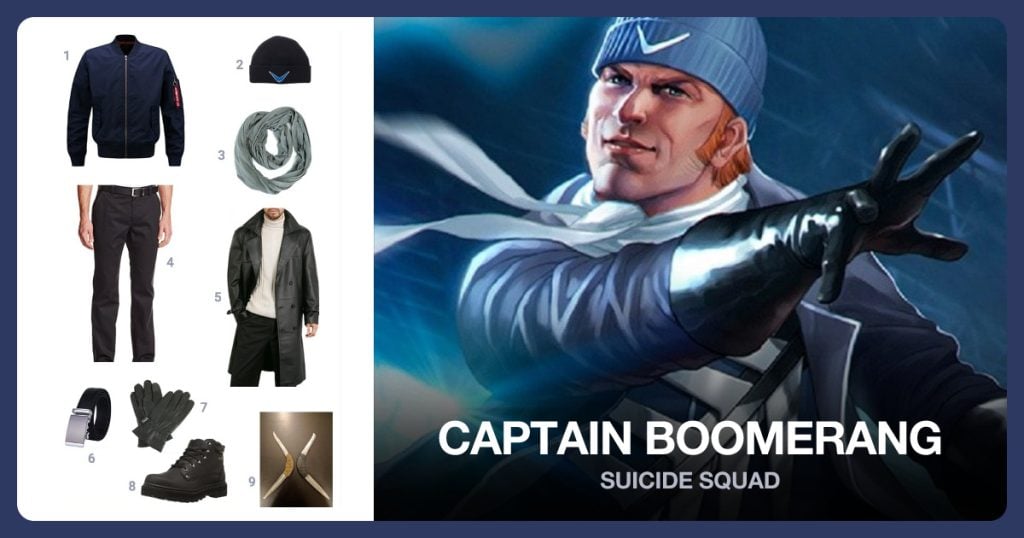 Blue Bomber Jacket, Captain Boomerang Beanie, Grey Scarf and Black Pants beside Captain Boomerang