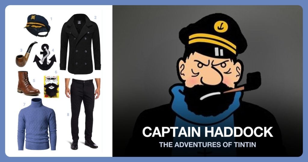 Captain’s Hat, Double Breasted Jacket, Cigar Pipe and Anchor Patch beside Captain Haddock