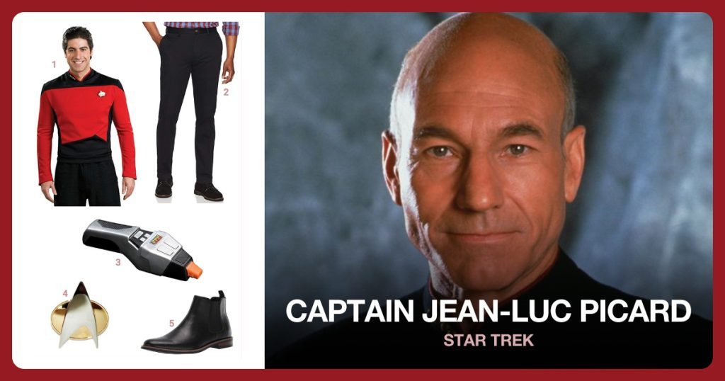 Star Trek Shirt, Black Pants, Phaser and Communicator Badge beside Captain Jean-Luc Picard