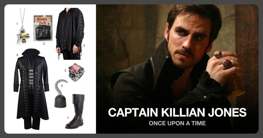 Skull and Dagger Pendant, Pirates Belt, Black Armored Shirt and Captain Hook Costume beside Captain Killian Jones