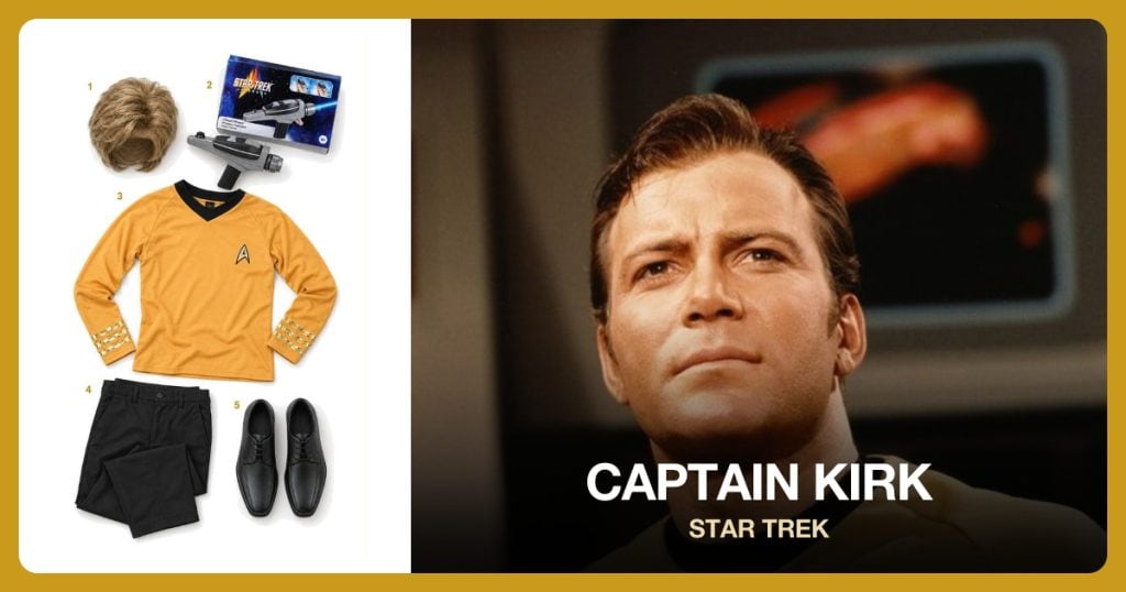 Men’s Light Brown Wig, Phaser Gun, Gold Starfleet Command Shirt and Black Dress Pants beside Captain Kirk
