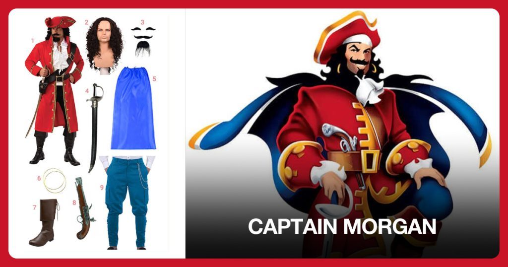Pirate Captain Costume, Long Curly Dark Brown Wig, Fake Beard and Mustache and Pirate Cutlass Sword beside Captain Morgan