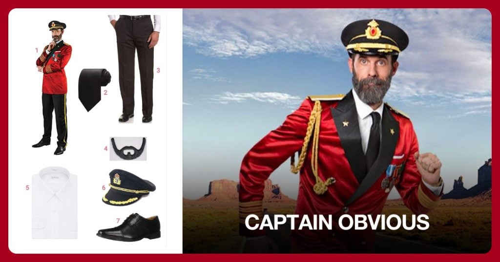 Captain Obvious Costume, Black Tie, Men’s Slacks and False Facial Hair beside Captain Obvious