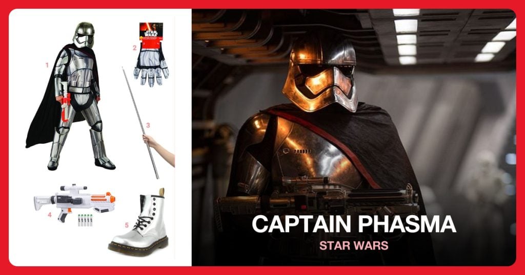 Captain Phasma Costume, Captain Phasma Gloves, Silver Staff and Toy Blaster beside Captain Phasma